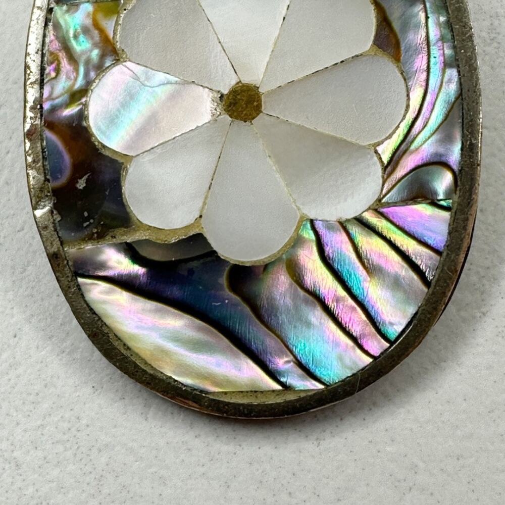 Vintage Alpaca Mexico Silver Abalone Mother of Pearl Flower Oval Brooch Pin ✨ - Picture 4 of 8